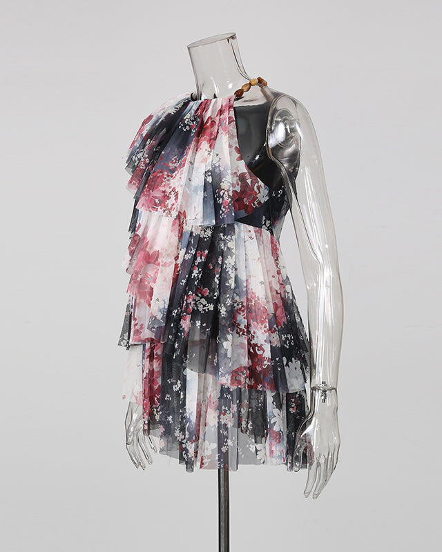 Print Strapless Multi-Layer Mesh Ruffle Top