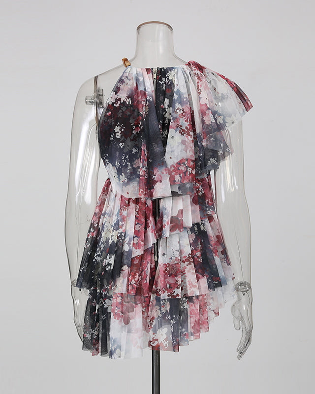 Print Strapless Multi-Layer Mesh Ruffle Top