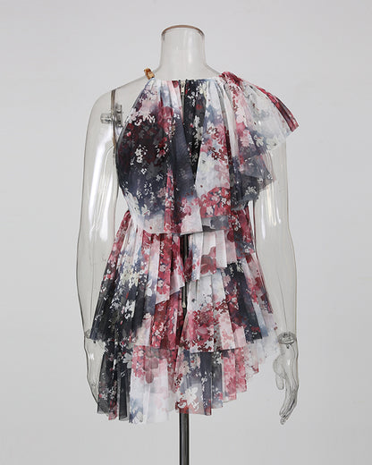 Print Strapless Multi-Layer Mesh Ruffle Top