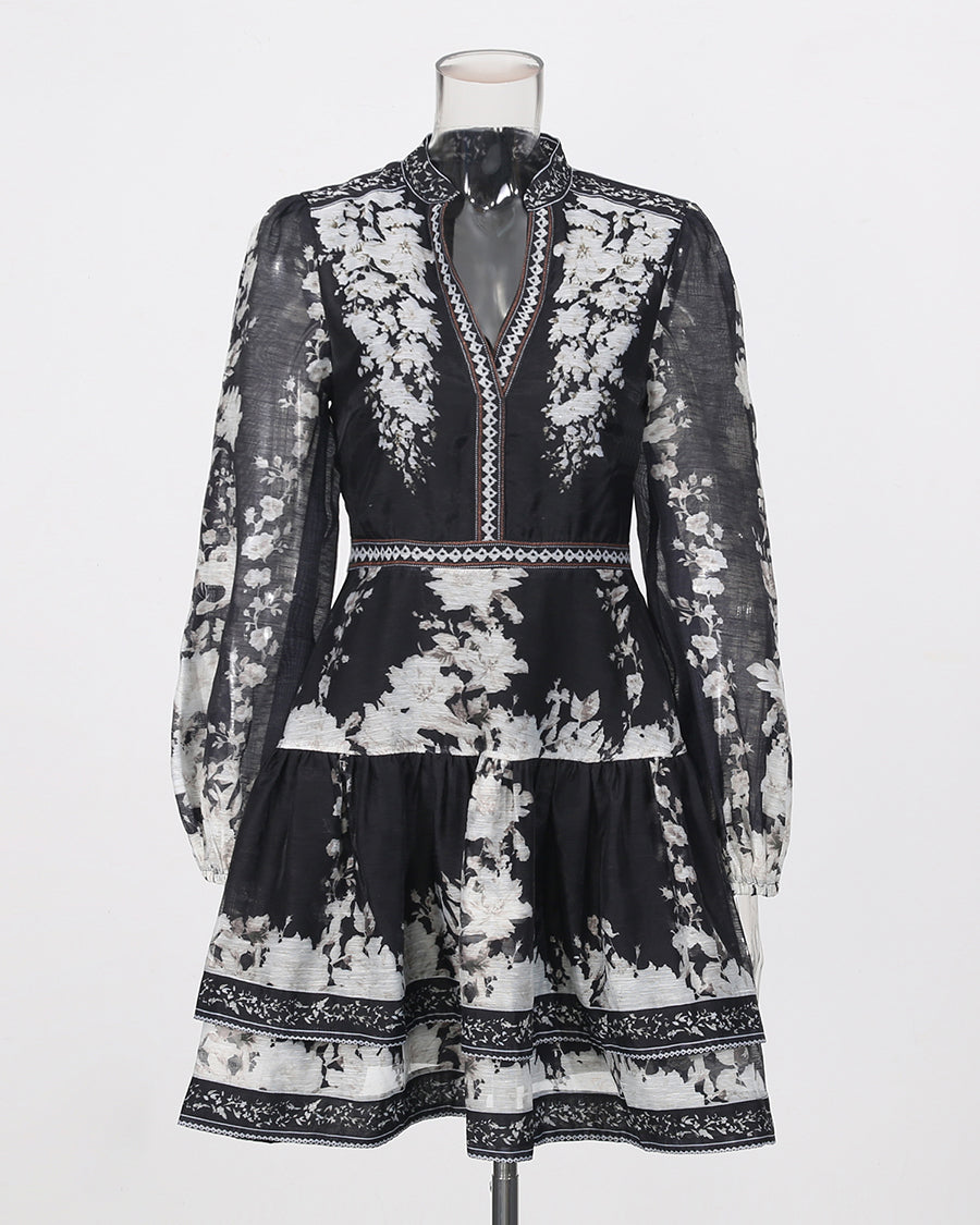 Print V‑Neck Lantern Sleeve Mini Dress
