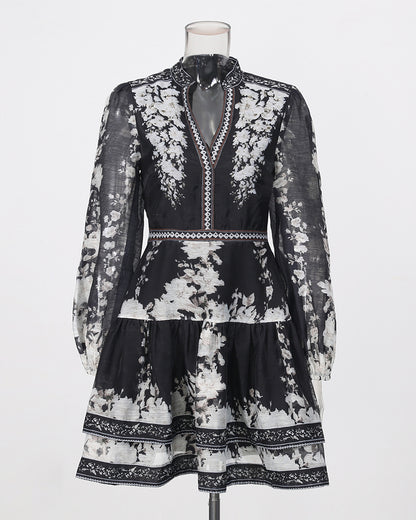 Print V‑Neck Lantern Sleeve Mini Dress