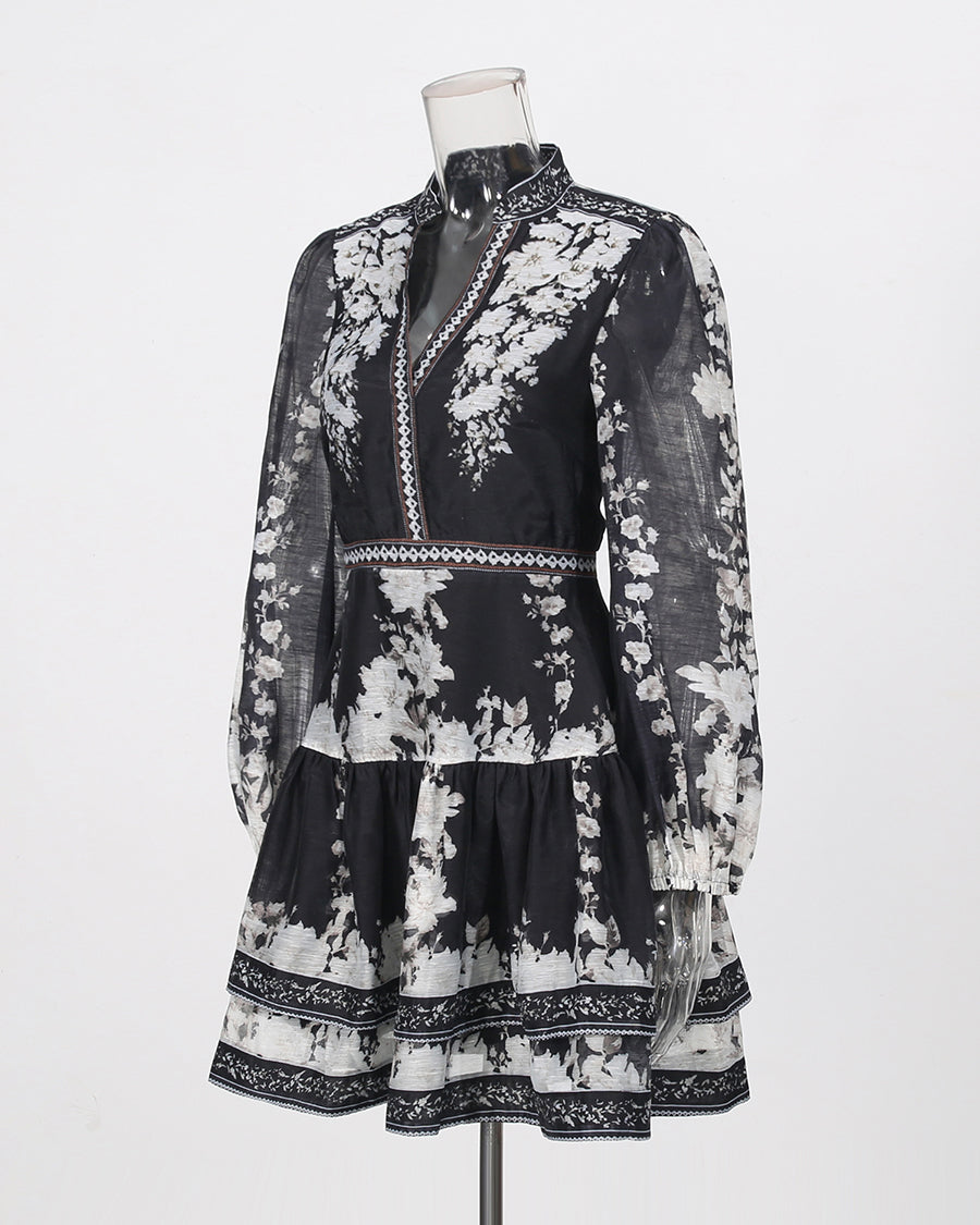 Print V‑Neck Lantern Sleeve Mini Dress
