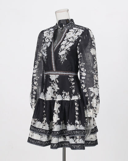 Print V‑Neck Lantern Sleeve Mini Dress