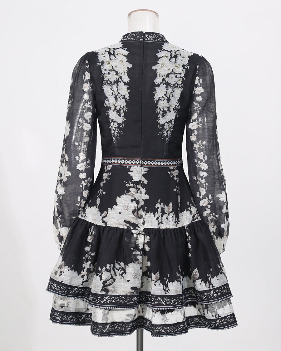 Print V‑Neck Lantern Sleeve Mini Dress