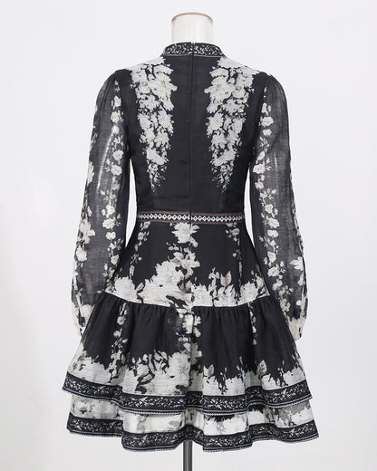 Print V‑Neck Lantern Sleeve Mini Dress