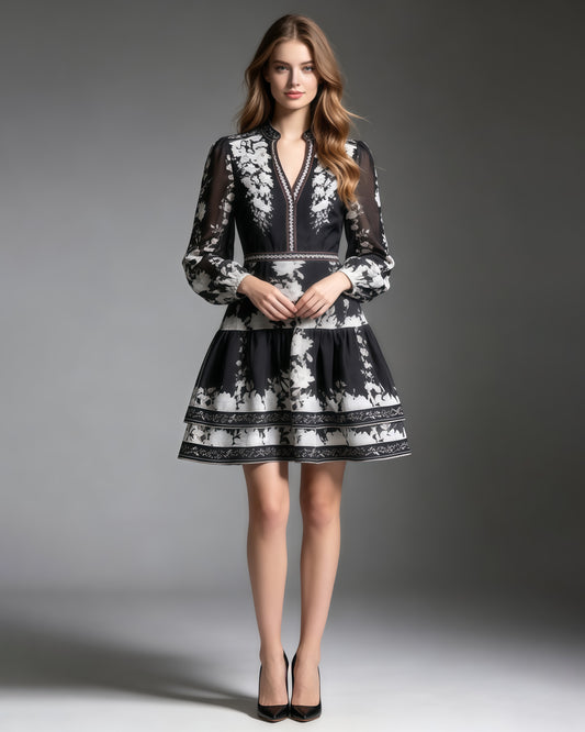 Print V‑Neck Lantern Sleeve Mini Dress