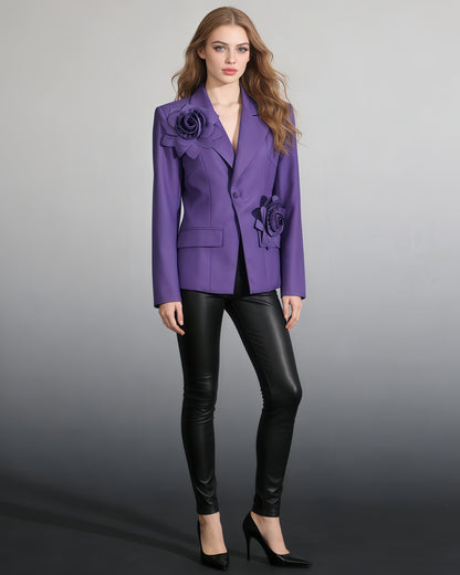 Purple 3D Floral Appliqué Blazer