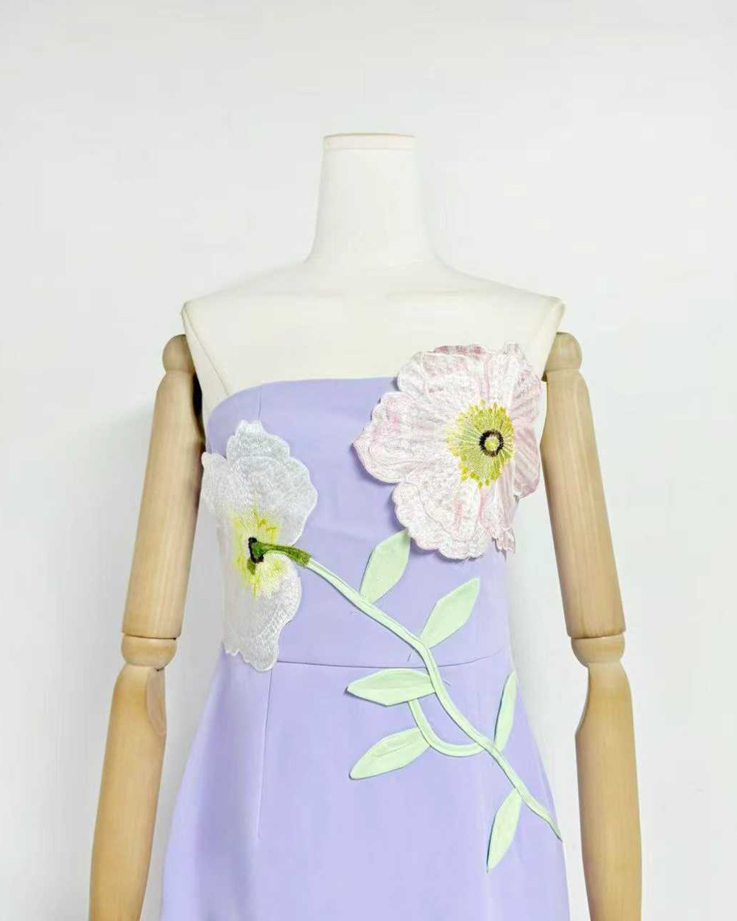 Purple 3D Floral Applique Strapless Midi Dress