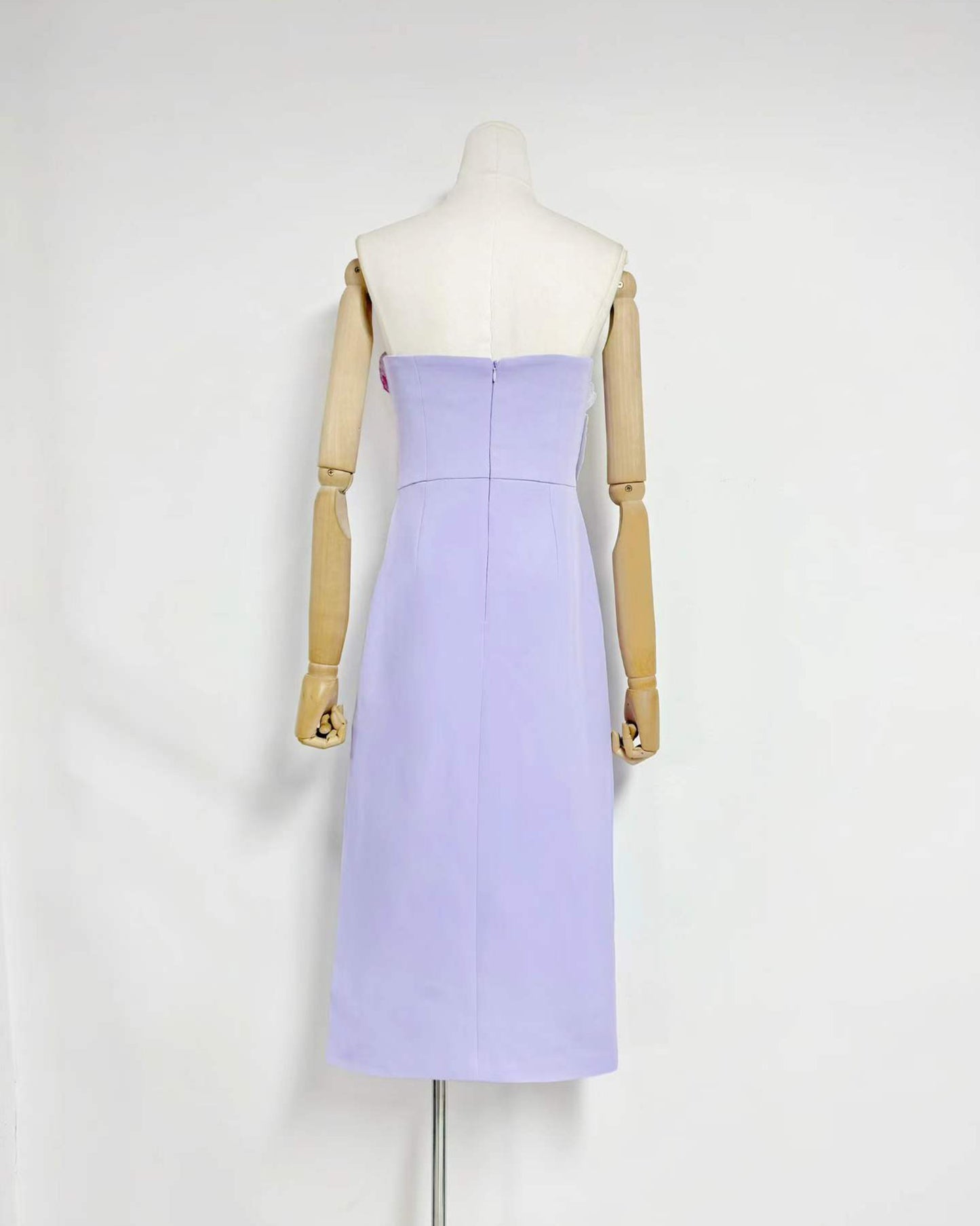 Purple 3D Floral Applique Strapless Midi Dress