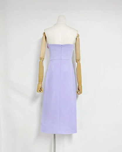 Purple 3D Floral Applique Strapless Midi Dress