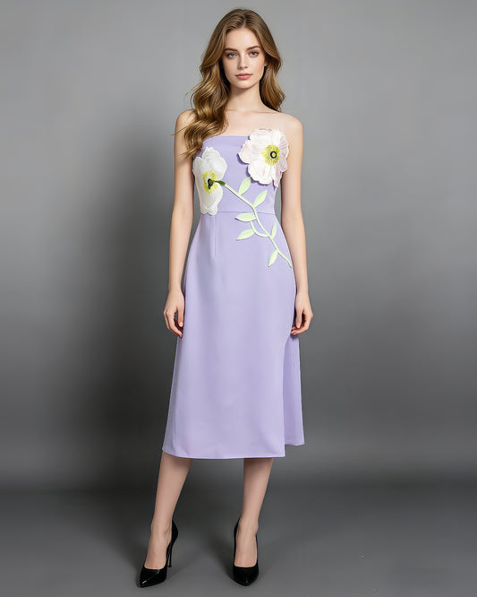 Purple 3D Floral Applique Strapless Midi Dress