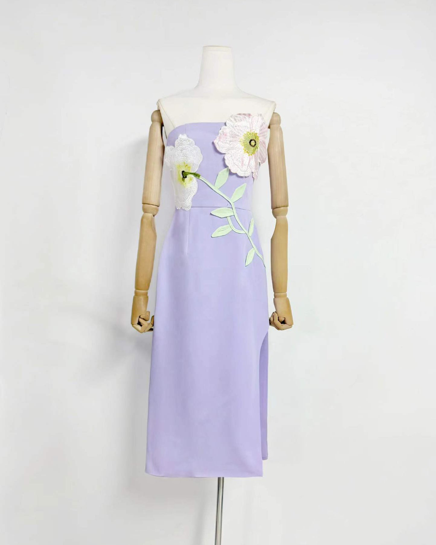 Purple 3D Floral Applique Strapless Midi Dress