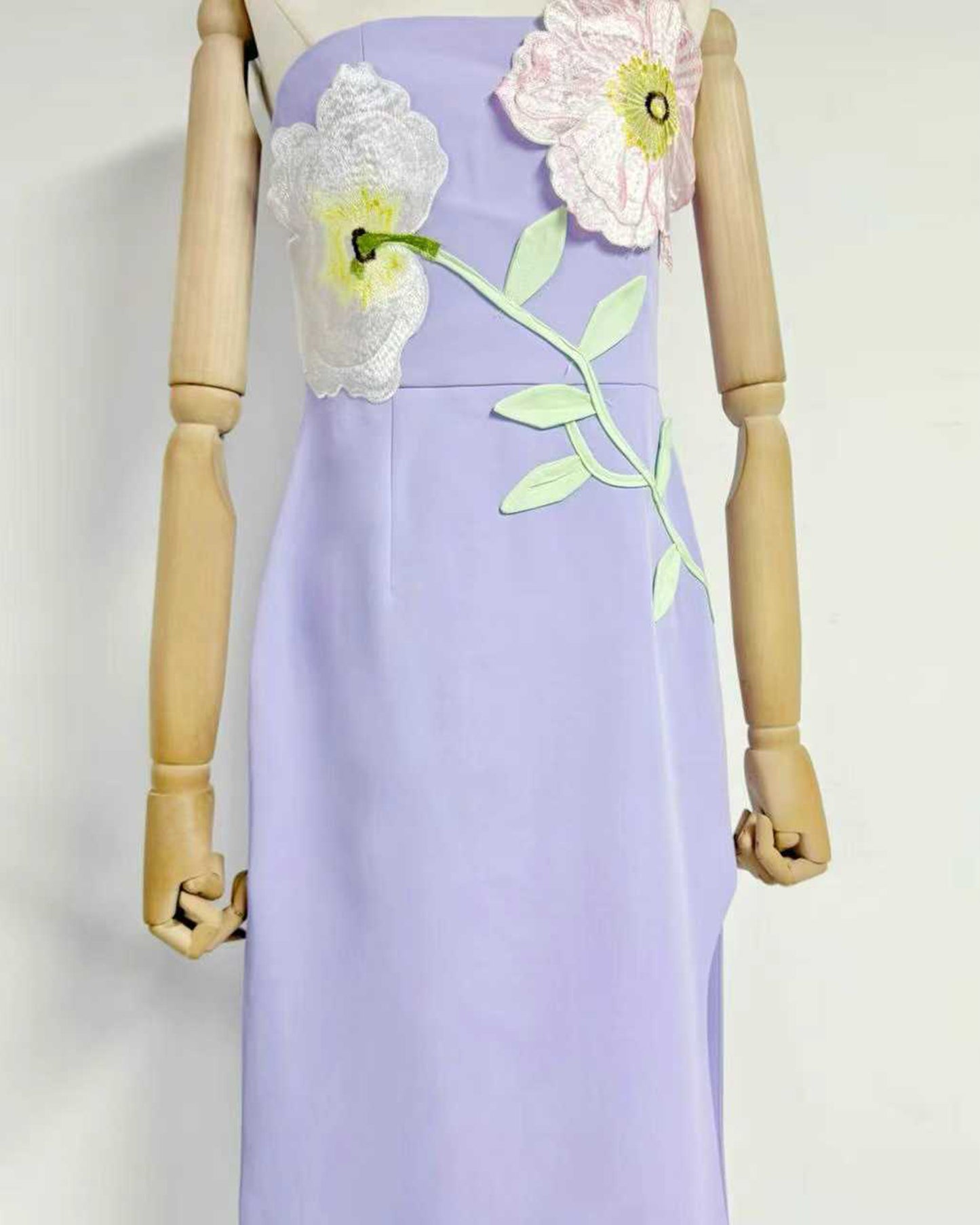 Purple 3D Floral Applique Strapless Midi Dress