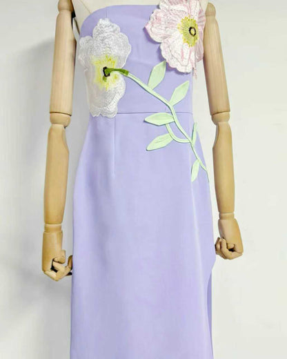 Purple 3D Floral Applique Strapless Midi Dress