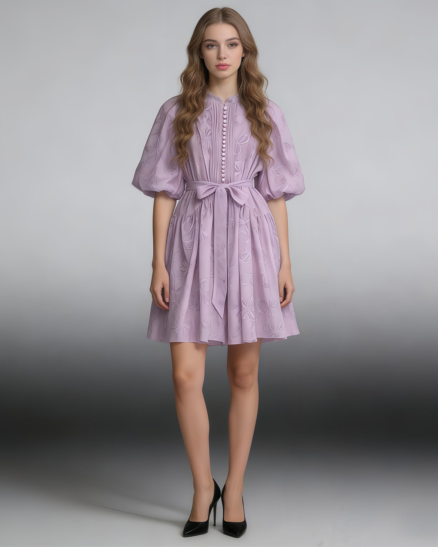 Purple Bowknot Puff Sleeve Mini Dress