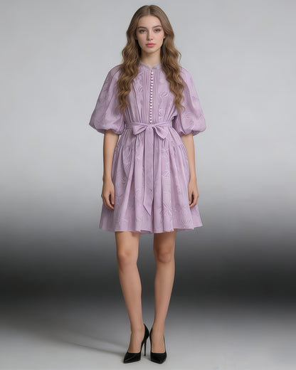 Purple Bowknot Puff Sleeve Mini Dress