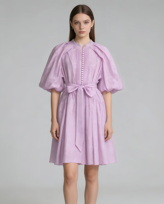 Purple Bowknot Puff Sleeve Mini Dress