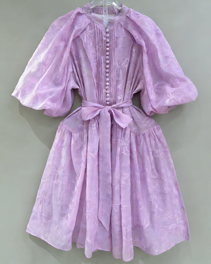 Purple Bowknot Puff Sleeve Mini Dress