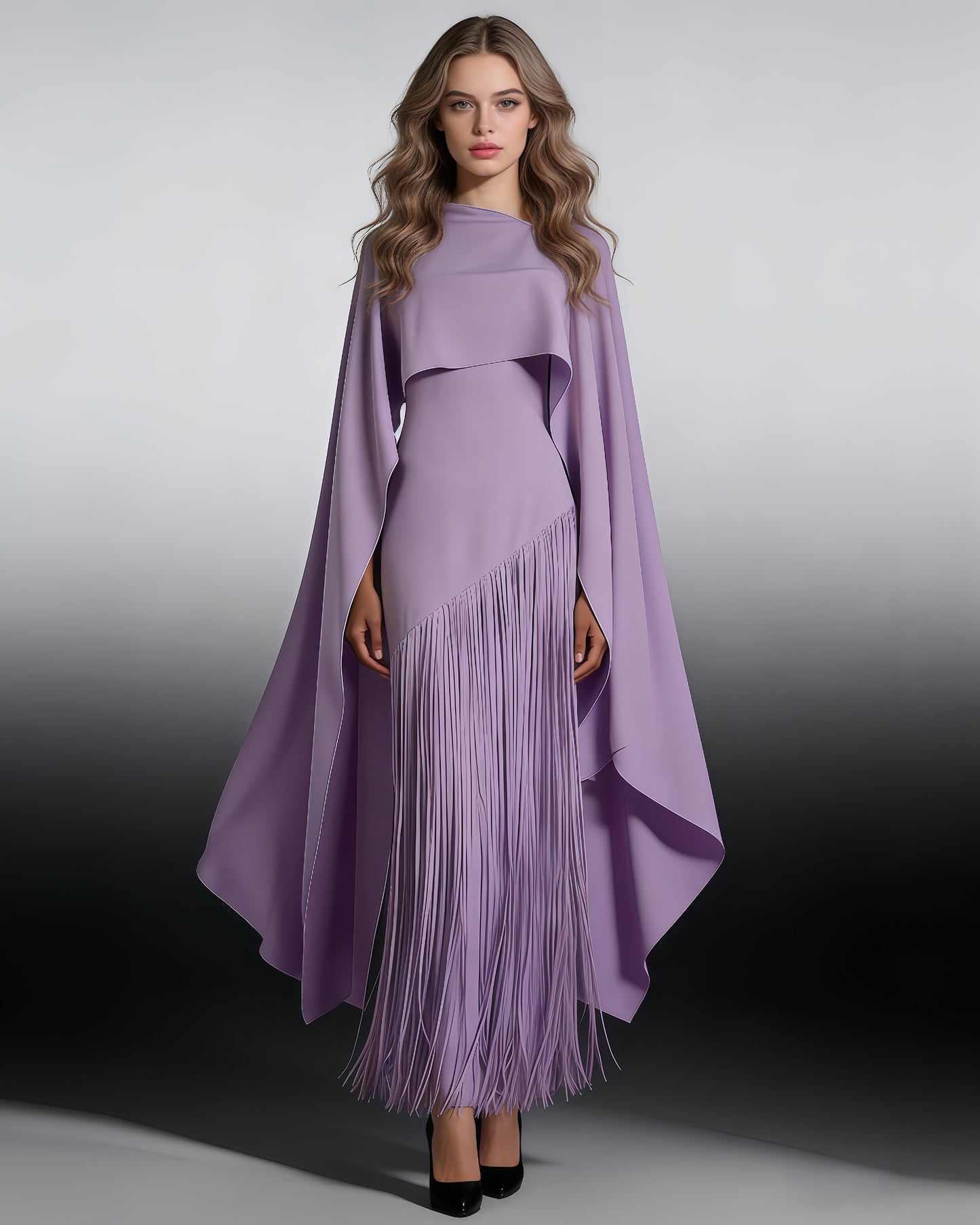 Purple Cape Overlay Fringed Maxi Dress