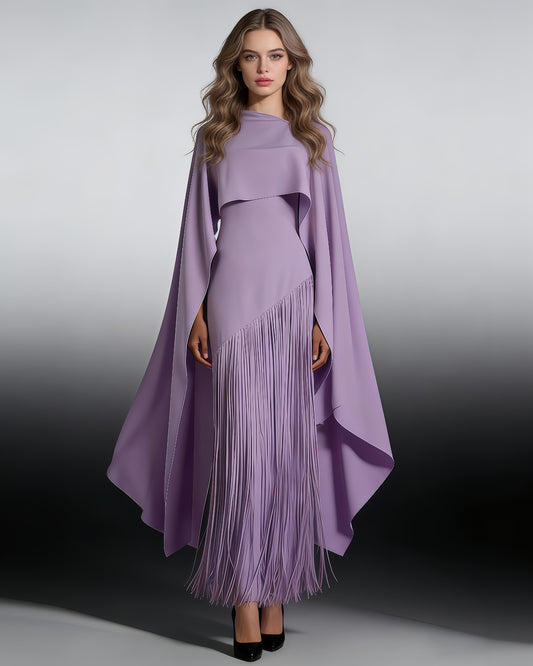 Purple Cape Overlay Fringed Maxi Dress