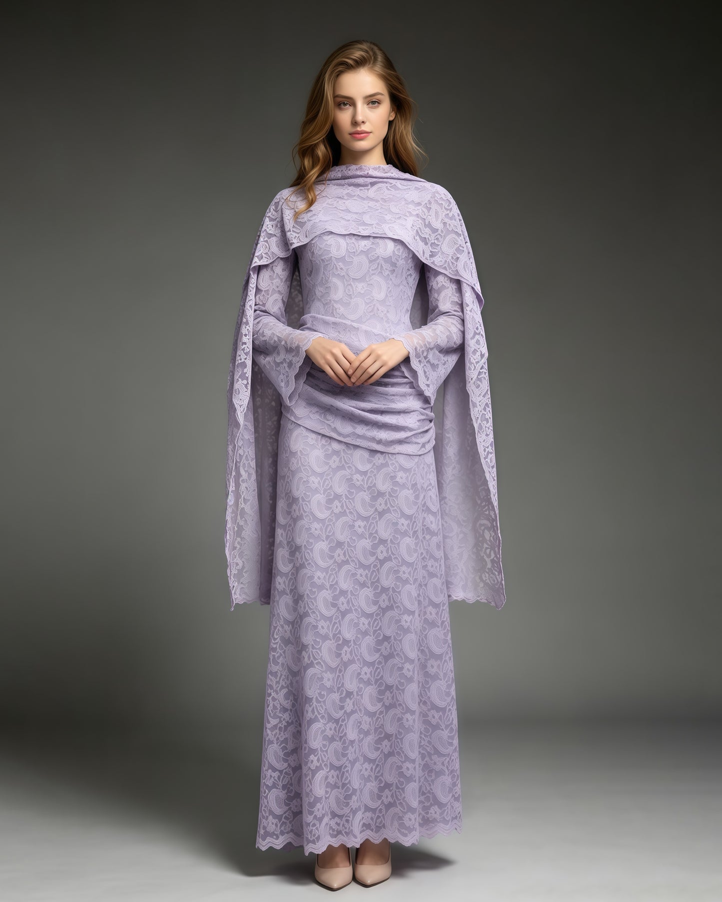 Purple Floral Lace Flare Sleeve Ruched Maxi Dress