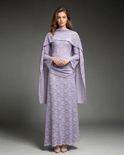 Purple Floral Lace Flare Sleeve Ruched Maxi Dress