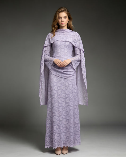 Purple Floral Lace Flare Sleeve Ruched Maxi Dress