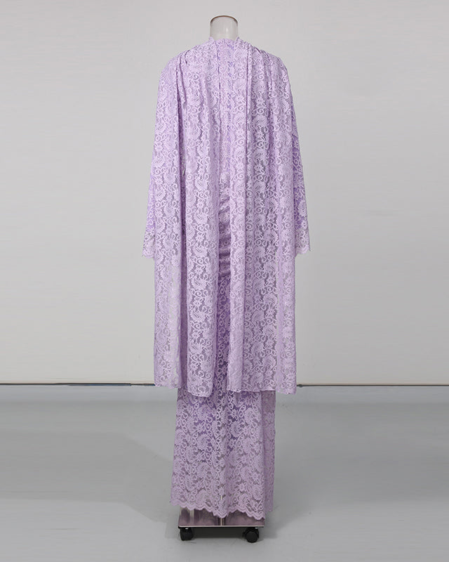 Purple Floral Lace Flare Sleeve Ruched Maxi Dress