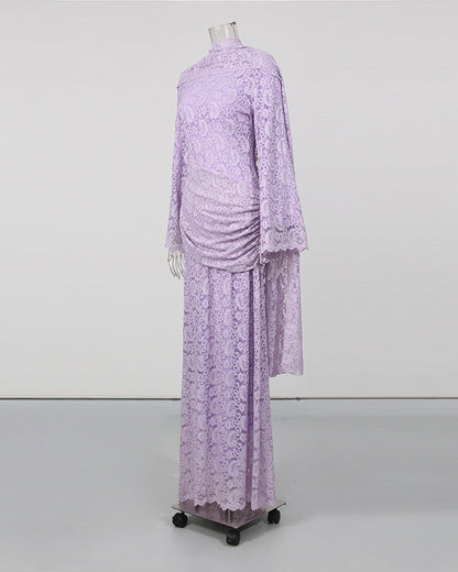 Purple Floral Lace Flare Sleeve Ruched Maxi Dress