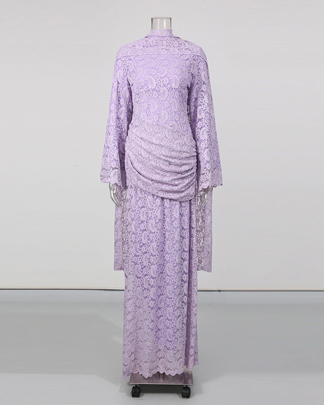 Purple Floral Lace Flare Sleeve Ruched Maxi Dress