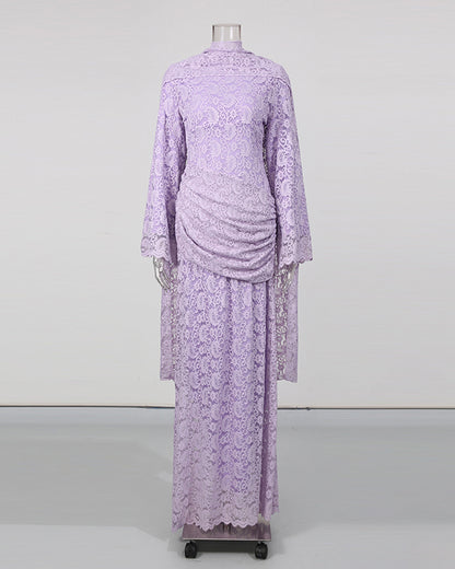 Purple Floral Lace Flare Sleeve Ruched Maxi Dress