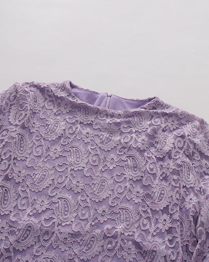 Purple Floral Lace Flare Sleeve Ruched Maxi Dress