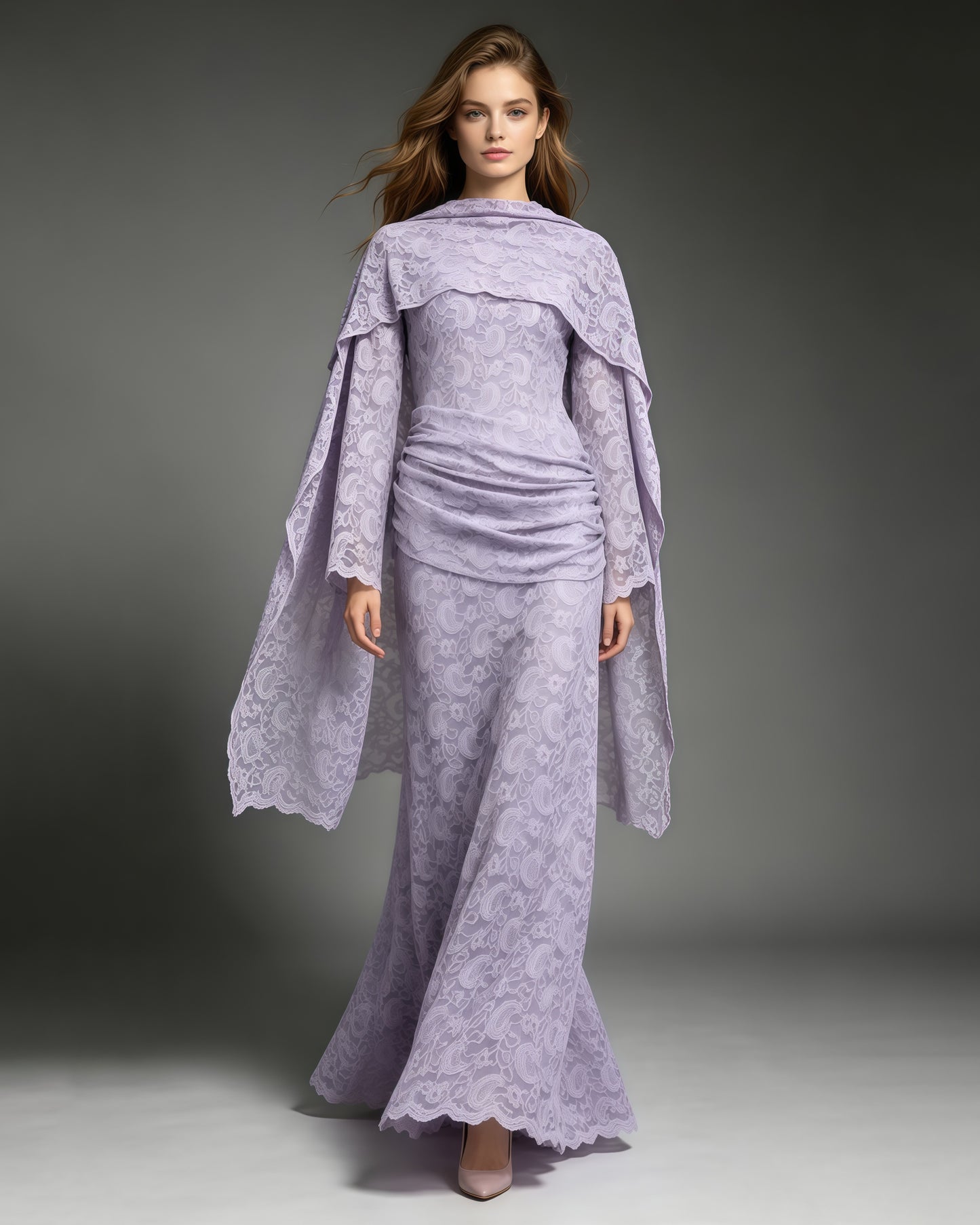 Purple Floral Lace Flare Sleeve Ruched Maxi Dress