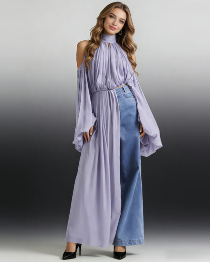 Purple Halter Cold-Shoulder Draped Cropped Top