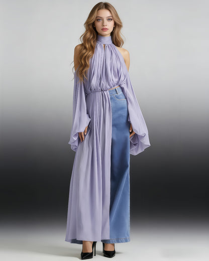 Purple Halter Cold-Shoulder Draped Cropped Top