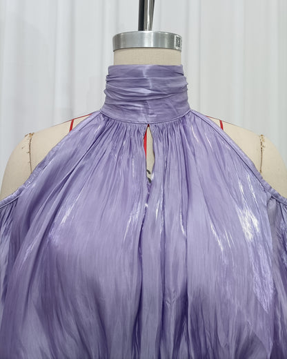 Purple Halter Cold-Shoulder Draped Cropped Top