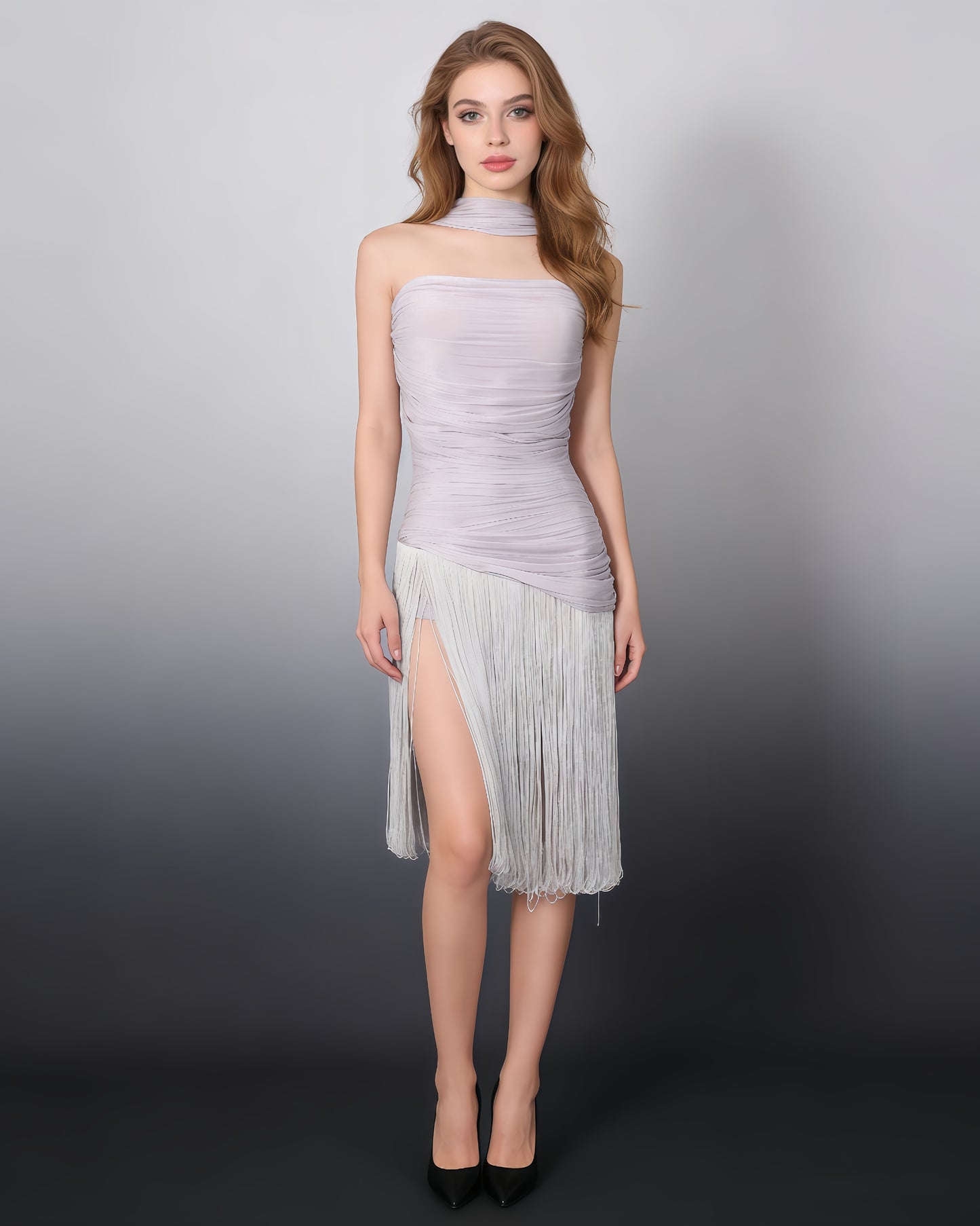 Purple Halter Ruched Fringe Midi Dress
