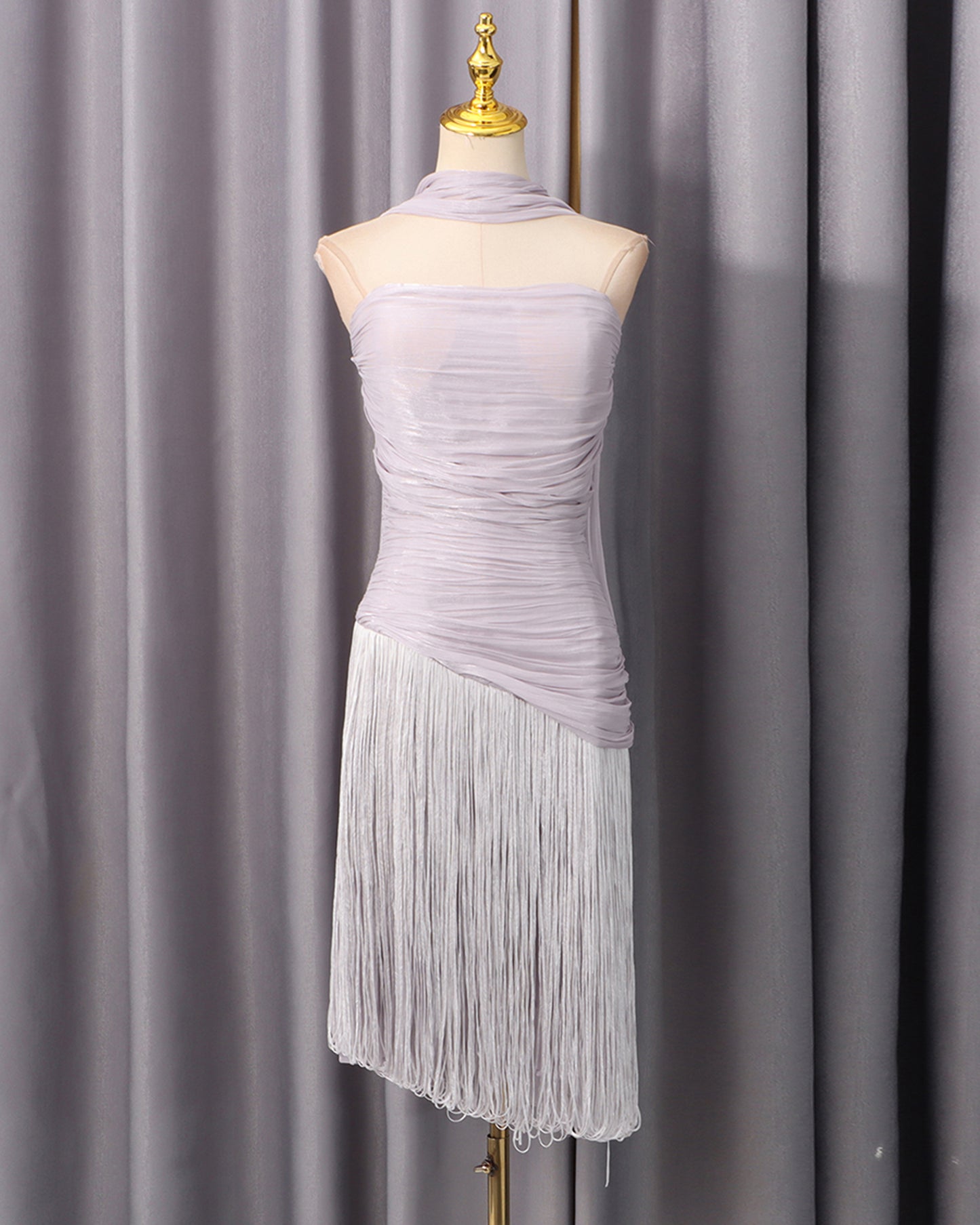 Purple Halter Ruched Fringe Midi Dress