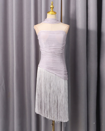 Purple Halter Ruched Fringe Midi Dress