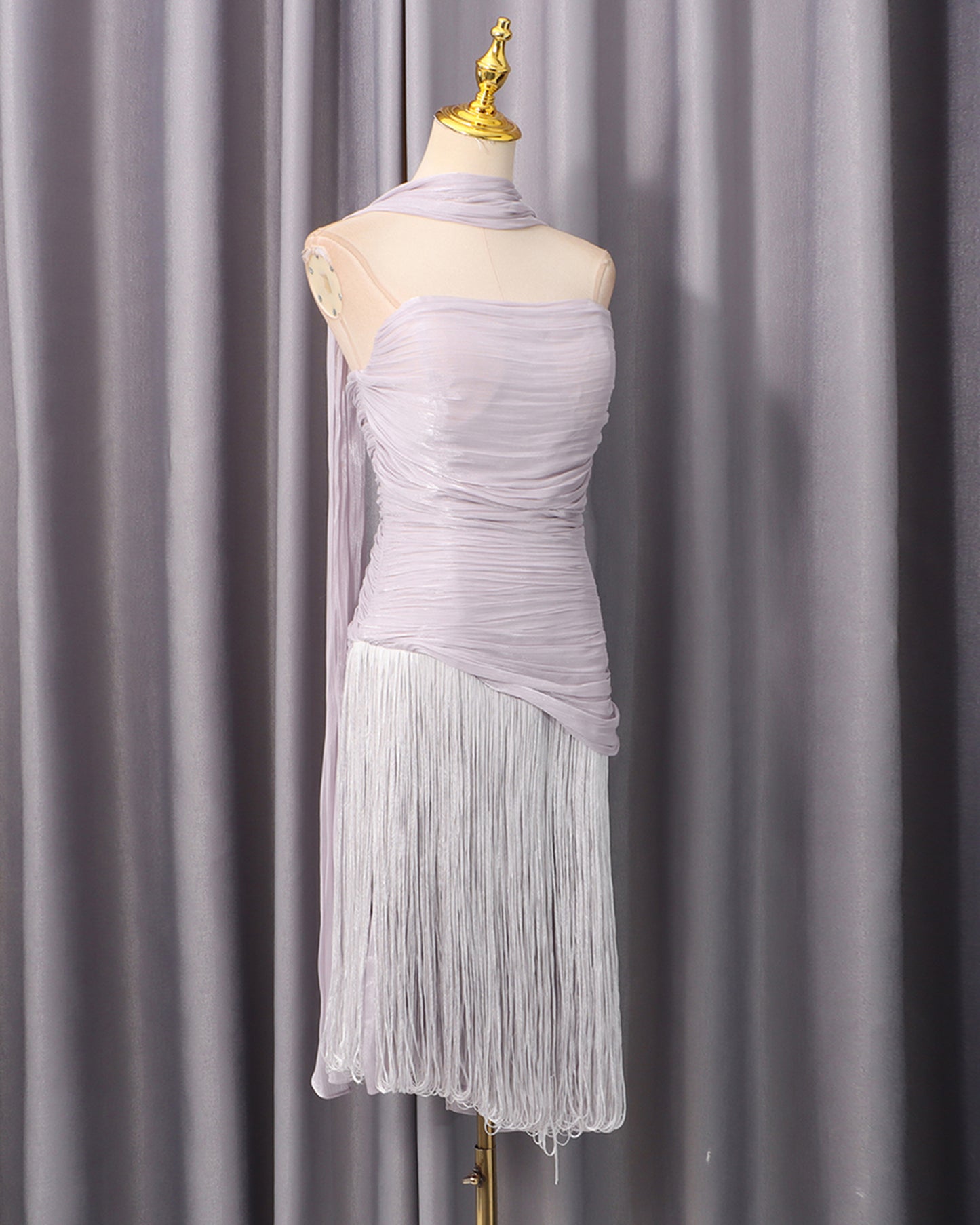 Purple Halter Ruched Fringe Midi Dress