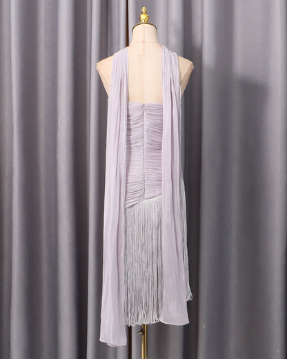 Purple Halter Ruched Fringe Midi Dress