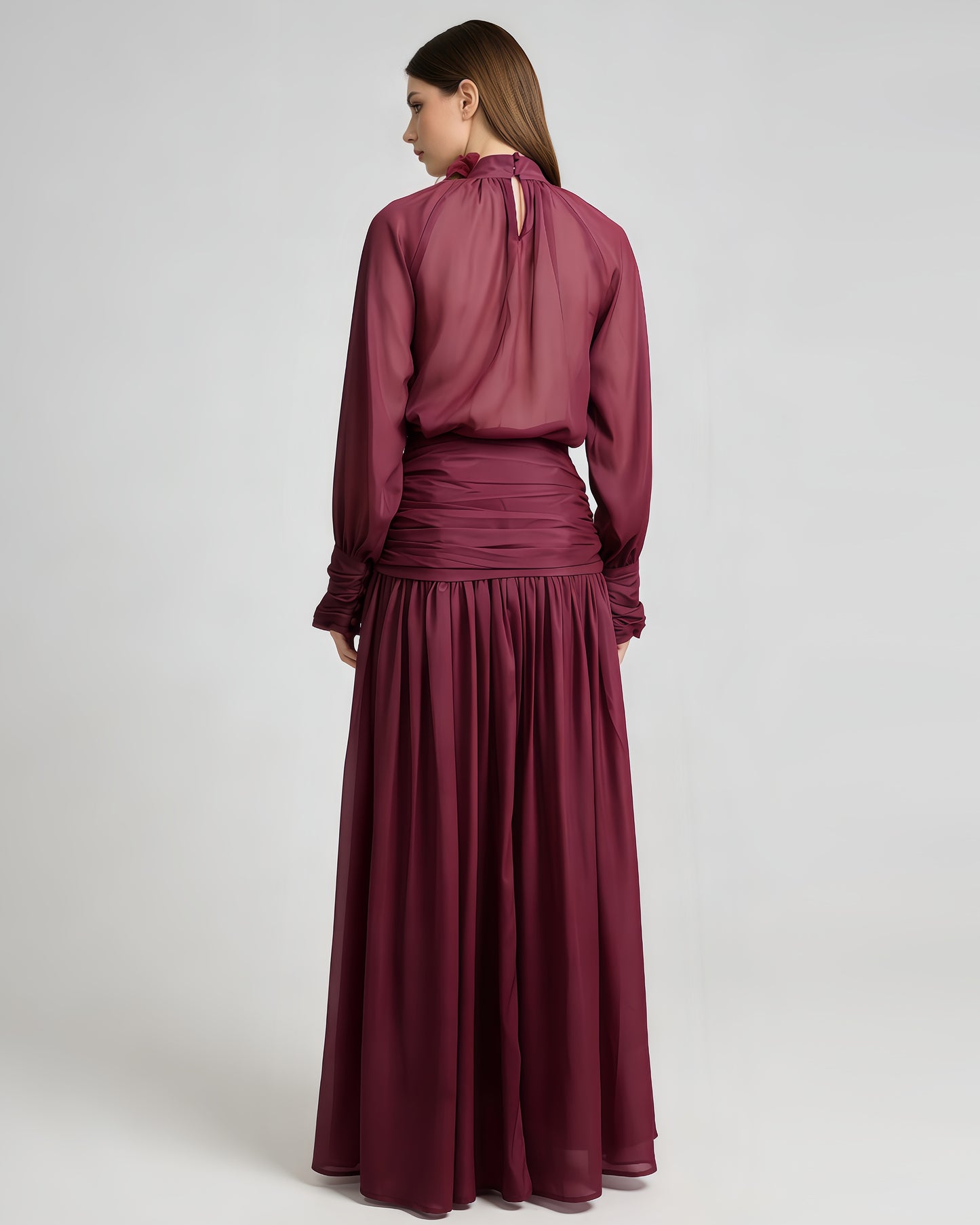 Purple High-Neck Flower Chiffon 2-Piece Set