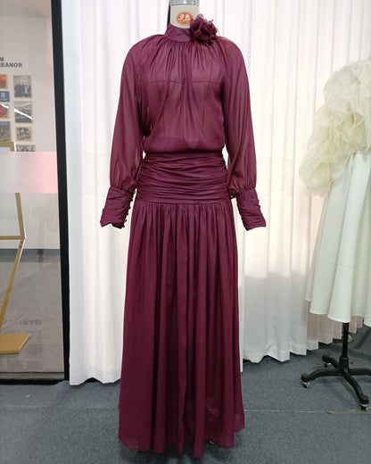 Purple High-Neck Flower Chiffon 2-Piece Set