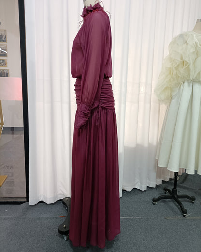 Purple High-Neck Flower Chiffon 2-Piece Set