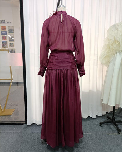 Purple High-Neck Flower Chiffon 2-Piece Set