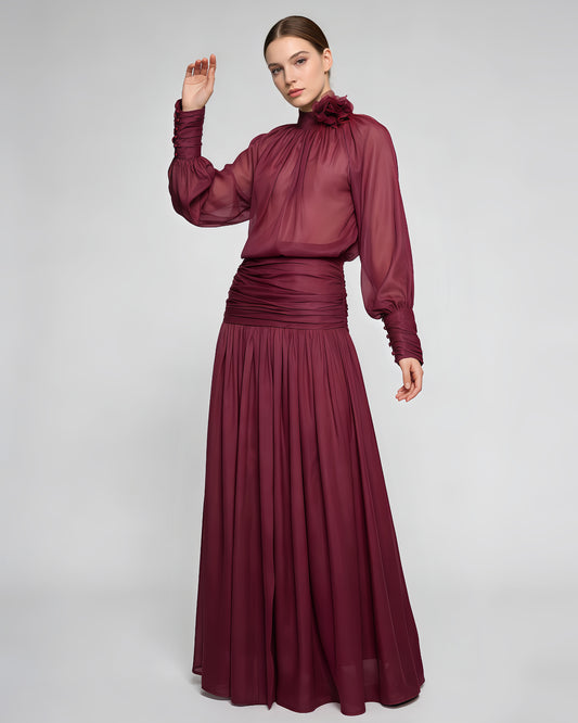 Purple High-Neck Flower Chiffon 2-Piece Set