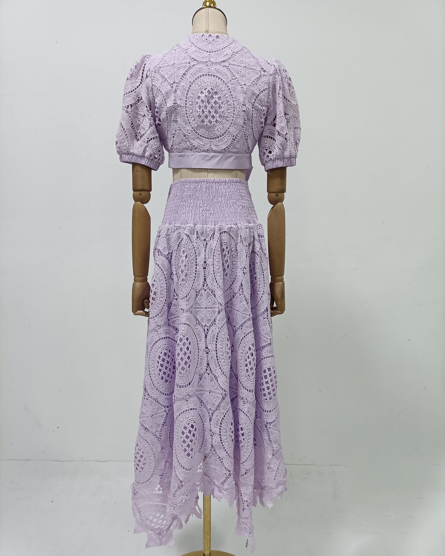 Purple Lace Bow Crop Top Midi Skirt Set