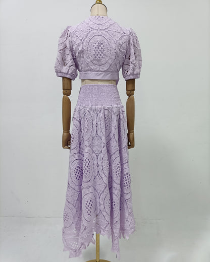 Purple Lace Bow Crop Top Midi Skirt Set