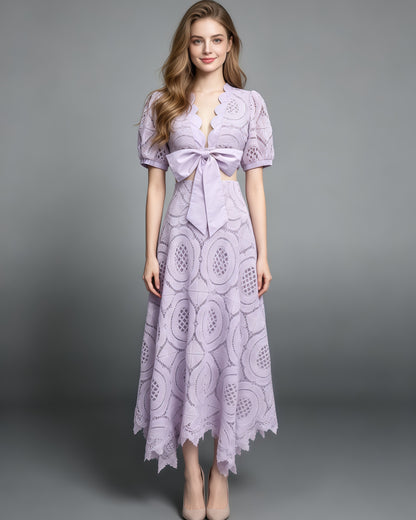 Purple Lace Bow Crop Top Midi Skirt Set