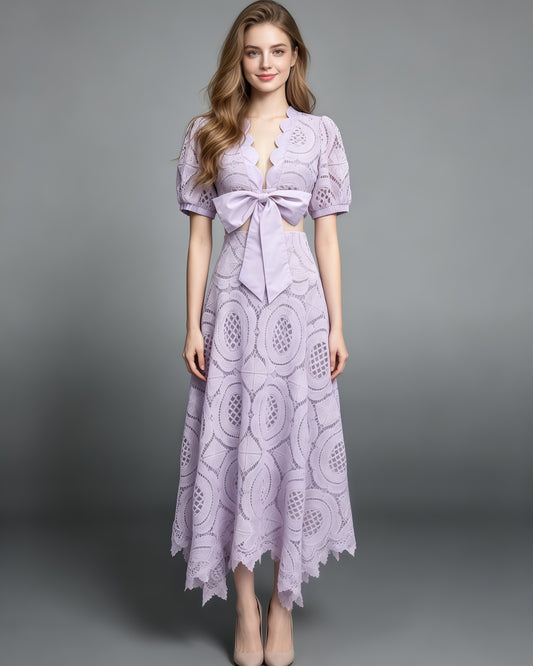 Purple Lace Bow Crop Top Midi Skirt Set